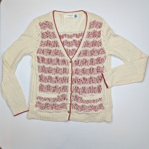 Sparrow Not Your Boyfriend's Cardigan red & cream pointelle knit sweater. Large
